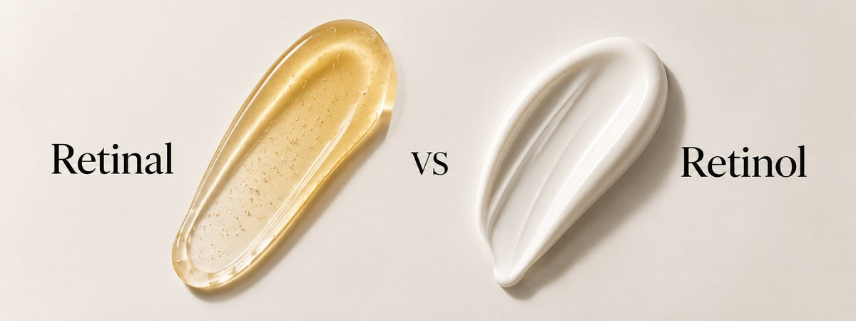 Retinal vs Retinol im Vergleich: goldgelbes Serum neben weißer Creme auf hellem Hintergrund