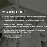 Eine Liste mit dem Titel "Why It's Better" (Warum es besser ist) beschreibt die Vorteile der CLEANSE AND HYDRATE MASK DUO 3 PACK von DALUMA, die sich durch sanfte Inhaltsstoffe, nährende Feuchtigkeit, glättende Mineralien, bewährte Wirksamkeit und eine Formel ohne scharfe Chemikalien auszeichnet.