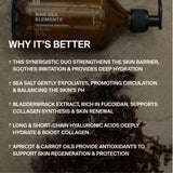 Eine Flasche Daluma-shop BODY CARE DUO Duschgel steht im Sand. Der Text daneben listet die Vorteile von Feuchtigkeit, Peeling, Kollagenunterstützung und Antioxidantienschutz auf. Darunter erscheint Seetang. Ideal für Ihre BODY CARE DUO-Routine.