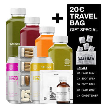 Entdecken Sie das DALUMA BESSERE SAFTKUR PLUS – 5 TAGE-Set: biologisch kaltgepresste Säfte, Getränke, Kombucha-Dosen, Nahrungsergänzungsmittel und Proben. Freuen Sie sich auf eine Reisetasche im Wert von 20 € als Geschenk mit enthaltenen Toilettenartikeln – Details finden Sie neben dem Produkt.