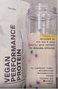 Eine durchsichtige Mixerflasche mit pflanzlichem Proteinshake, sichtbaren Blaubeeren, Erdbeeren, Bananenscheiben und Flüssigkeit. Daneben befindet sich eine weiße Tüte mit der Aufschrift Vegan Performance Protein. Die Zutaten sind auf der Flasche aufgeführt.