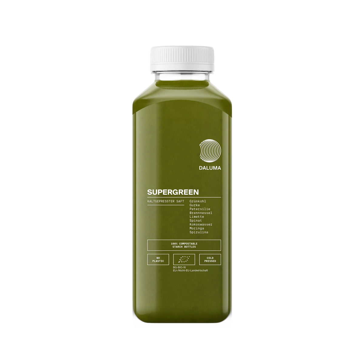 Eine durchsichtige Plastikflasche mit weißem Deckel enthält DALUMA SUPERGREEN GREEN JUICE, mit Grünzeug wie Sellerie, Spinat, Grünkohl, Petersilie, sowie Zitrone und Basilikum. Erhältlich als 6er Pack von kaltgepresster Saft.