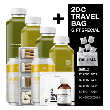 Entdecken Sie die Wellness-Essentials von DALUMA, darunter die „GRÜNE SAFTKUR PLUS – 5 TAGE“, Kombucha, Bio-Gemüsesäfte, Nahrungsergänzungsmittel, Handseife, Körperpflegeprodukte, Haarpflegeprodukte, eine Reinigungsmaske sowie eine Reisetasche im Wert von 20 € als Geschenk.