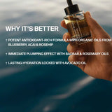 Eine Hand hält eine RADIANT GLAZE GESICHTSÖL Tropfflasche von DALUMA vor unscharf-blauem Hintergrund. Text zeigt Hautpflegevorteile, antioxidative natürliche Inhaltsstoffe, aufpolsternden Effekt und langanhaltende Feuchtigkeit für strahlende Haut.
