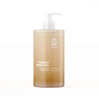 Die durchsichtige Pumpflasche mit der Aufschrift "DALUMA FOREST SEED GEL PEELING HANDSEIFE" enthält eine hellbraune Handseife mit sichtbaren Samenpartikeln, die mit Aprikosensamen-Peeling und erfrischenden Kiefernnoten für ein natürliches Erlebnis sorgt.