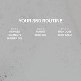 Weißer, sprudelnder Schaumstoff-Hintergrund mit Text: DEINE 360 ROUTINE. Unten, drei Schritte: 1. Raw Sea Elements Duschgel, 2. DALUMA FOREST SEED GEL PEELING HANDSEIFE mit Aprikosenkernen, 3. High Dose Body Balm & vegane Handseife.