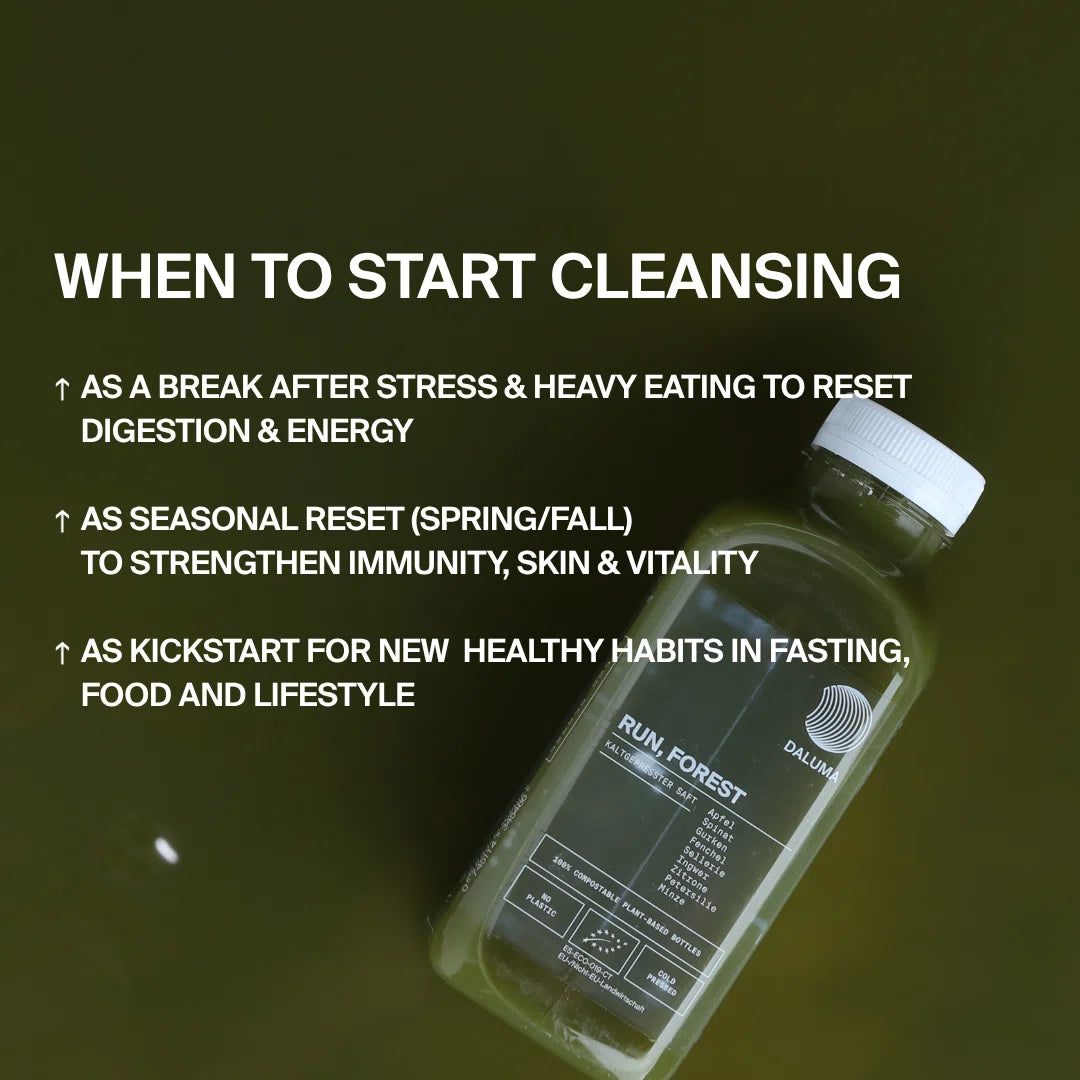 Eine Flasche GRÜNE SAFTKUR PLUS - 3 TAGE von DALUMA ruht auf Grün, mit einem Text, der diese grüne Saftreinigung nach Stress oder schweren Mahlzeiten, saisonal für einen Gesundheitsschub oder als Kickstart für Fasten und neue Gewohnheiten empfiehlt.