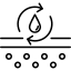 Schwarz-weißes Symbol, das ein Tröpfchen mit kreisförmigen Pfeilen über einer Oberfläche zeigt, mit Punkten darunter, die die Feuchtigkeitsaufnahme oder Hydratation darstellen.