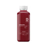 Eine klare Plastikflasche mit weißem Verschluss enthält DALUMA LIFE BLOOD POWER SAFT 6 PACK, einen dunkelroten, kaltgepressten Saft mit Roter Bete, Apfel, Ingwer, Zitrone und Cayenne. Das minimalistische Etikett zeigt einfache weiße Grafiken und Text.