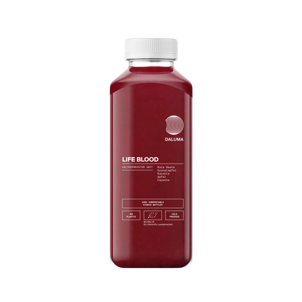 Eine klare Plastikflasche mit weißem Verschluss enthält DALUMA LIFE BLOOD POWER SAFT 6 PACK, einen dunkelroten, kaltgepressten Saft mit Roter Bete, Apfel, Ingwer, Zitrone und Cayenne. Das minimalistische Etikett zeigt einfache weiße Grafiken und Text.