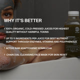 Eine Person mit einer Holzkohle-Gesichtsmaske entspannt sich in einem Bad neben dem GRÜNEN SAFT PLUS SAFTKUR 5 TAGE von DALUMA. Der eingeblendete Text hebt die Vorteile von adaptogenem Kombucha, Bio-Gemüsesäften und Holzkohlemasken für Haut und Gesundheit hervor.